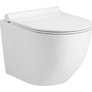 Biała miska wisząca WC (t.b.t.) z zamkniętą pokrywą.