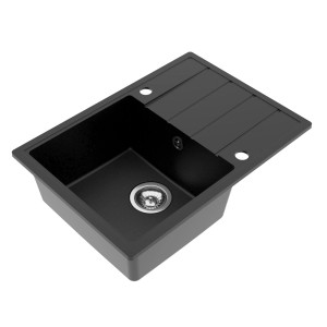 Czarny zlewozmywak granitowy t.b.t. z ociekaczem i komorą.