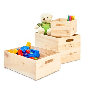 Zestaw drewnianych pudełek na zabawki i inne. Praktyczne pojemniki do przechowywania z uchwytami.