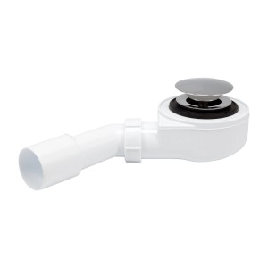 Biały syfon do brodzika z chromowanym odpływem.