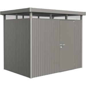 Metalowy domek narzędziowy Biohort HighLine w kolorze kwarcowy szary metalik z pojedynczymi drzwiami. Kompaktowa konstrukcja, idealna do przechowywania.