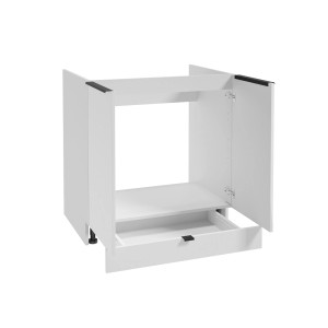 Biały korpus szafki kuchennej z szufladą i drzwiami, część zestawu mebli kuchennych.