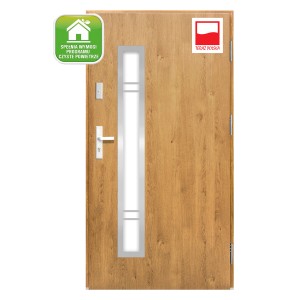 Nowoczesne drzwi zewnętrzne w kolorze drewna z szybą.