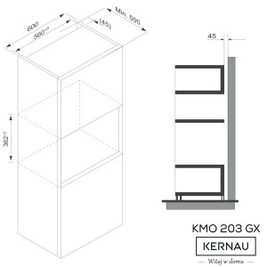 Rysunek techniczny: Szafka do zabudowy kuchenki mikrofalowej Kernau KMO 203 GX z wymiarami.