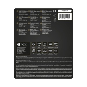 Opakowanie taśmy LED t.b.t. z danymi technicznymi i informacjami o producencie.