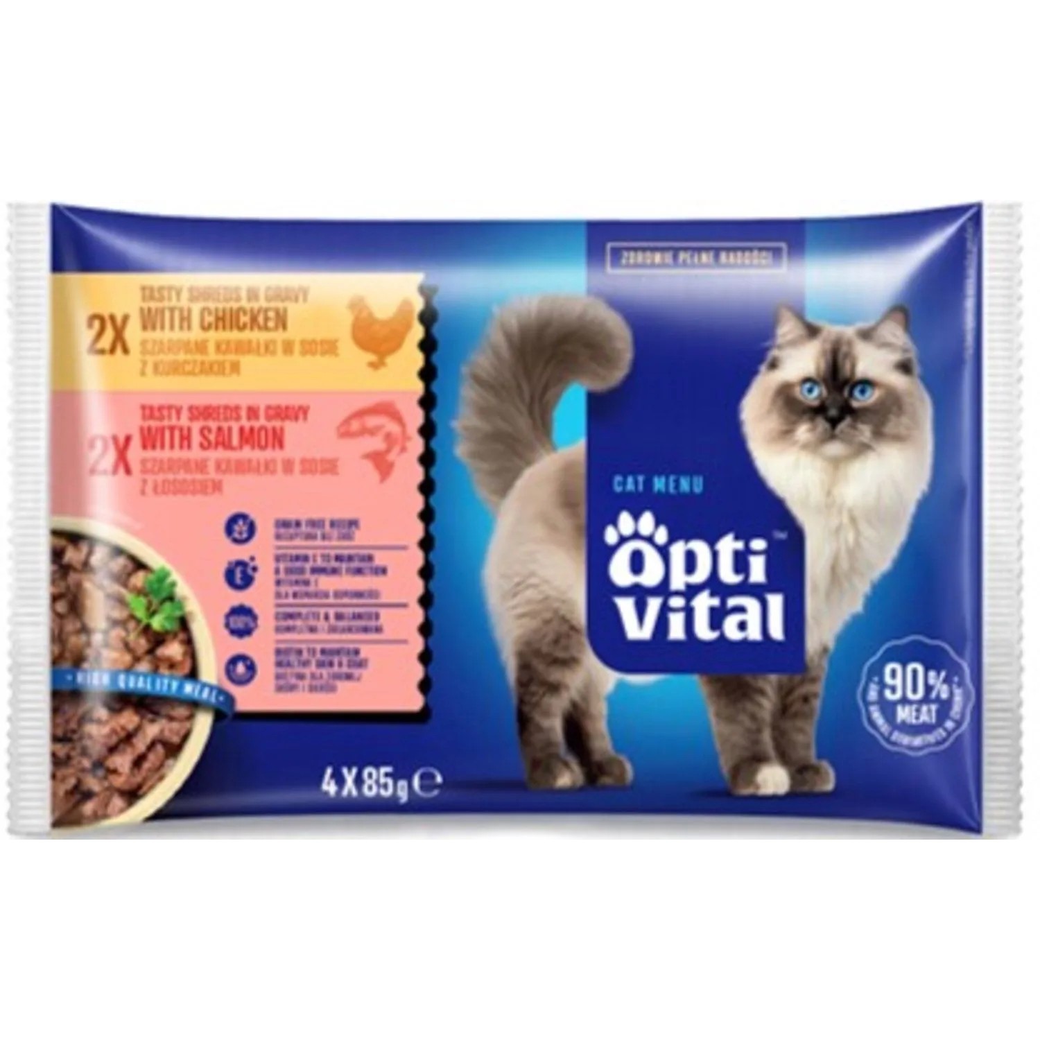 Optivital Mokra karma dla kotów, z kurczakiem i łososiem 4x85 g