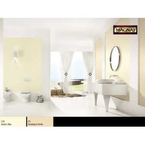 Łazienka z farbami ściennymi w kolorze żółtym i beżowym. Kolorowe farby do ścian.