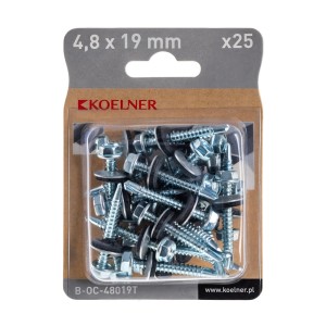 Śruby KOELNER 4,8x19 mm, opakowanie 25 szt., do mocowań. Metalowe śruby z podkładką uszczelniającą.