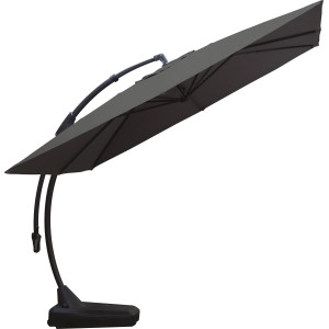 Kwadratowy, antracytowy parasol wiszący Peoria 300x300 cm z korbą i stabilną podstawą.