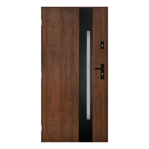 Nowoczesne drzwi zewnętrzne w kolorze drewna z wąską wstawką szklaną i czarnym akcentem.