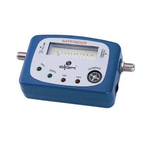 Niebieski miernik sygnału satelitarnego do instalacji z wyświetlaczem i kompasem.