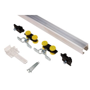 Szyna prowadzaca t.b.t. z akcesoriami, np. rolki, sruby i stopery.