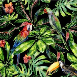 Dekoracyjny wzór z papugami, tukanem i tropikalnymi liśćmi. Dekor na ściany i meble.