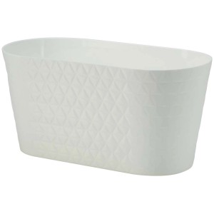 Biała skrzynka na kwiaty t.b.t. z geometrycznym wzorem do ogrodu.