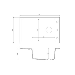 Rysunek techniczny zlewozmywaka granitowego t.b.t. z wymiarami.