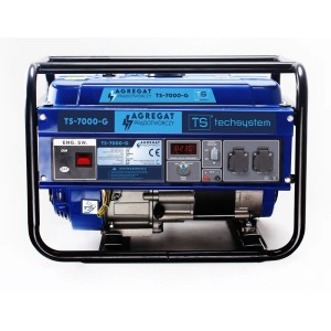 Niebieski agregat prądotwórczy t.b.t. z czarną ramą. Przenośny generator prądu.