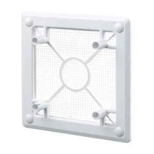 Biała, kwadratowa osłona kratki wentylacyjnej z drobną siatką.