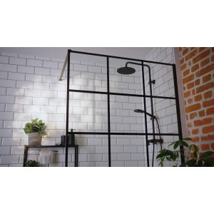 Ciemna bateria prysznicowa na białej ścianie i kabina prysznicowa. Kategoria: Baterie prysznicowe.