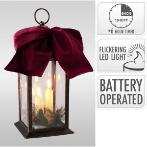 Latarnia rustykalna z kokardą 3 ŚWIECZKI LED 30 x 14 cm