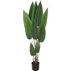 Sztuczna roślina z zielonymi liśćmi w czarnej doniczce.