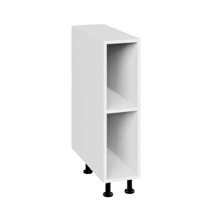 Biała szafka do przechowywania t.b.t. z dwiema otwartymi przegrodami i czarnymi nóżkami.