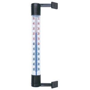 Przezroczysty termometr z czarnym uchwytem do pomiaru temperatury.