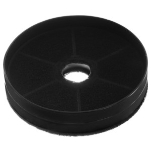 Czarny, okrągły filtr z węglem aktywnym do okapów.