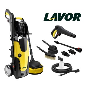 Żółto-czarna myjka ciśnieniowa z akcesoriami, takimi jak dysze, szczotki i butelka na detergent.