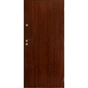 Brązowe drzwi zewnętrzne z drewnianą strukturą i srebrną klamką.