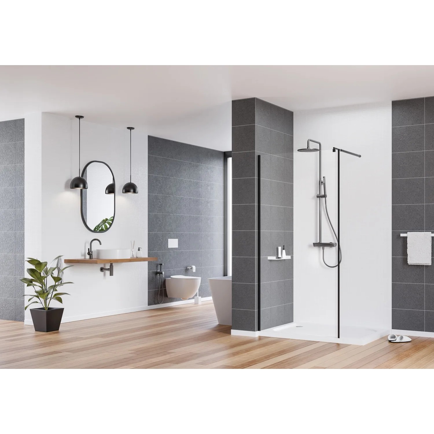 Nowoczesna łazienka z baterią umywalkową t.b.t., prysznicem i WC w stylowym designie.