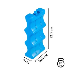 Niebieski wkład chłodzący wielokrotnego użytku do lodówki turystycznej, wys. ok. 21,5 cm.