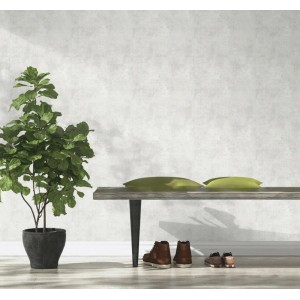 Pokój dzienny z szarą tapetą dekoracyjną t.b.t., ławką, rośliną i butami.