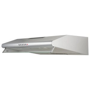 Srebrny okap płaski t.b.t. z przyciskami sterującymi i szklaną półką.