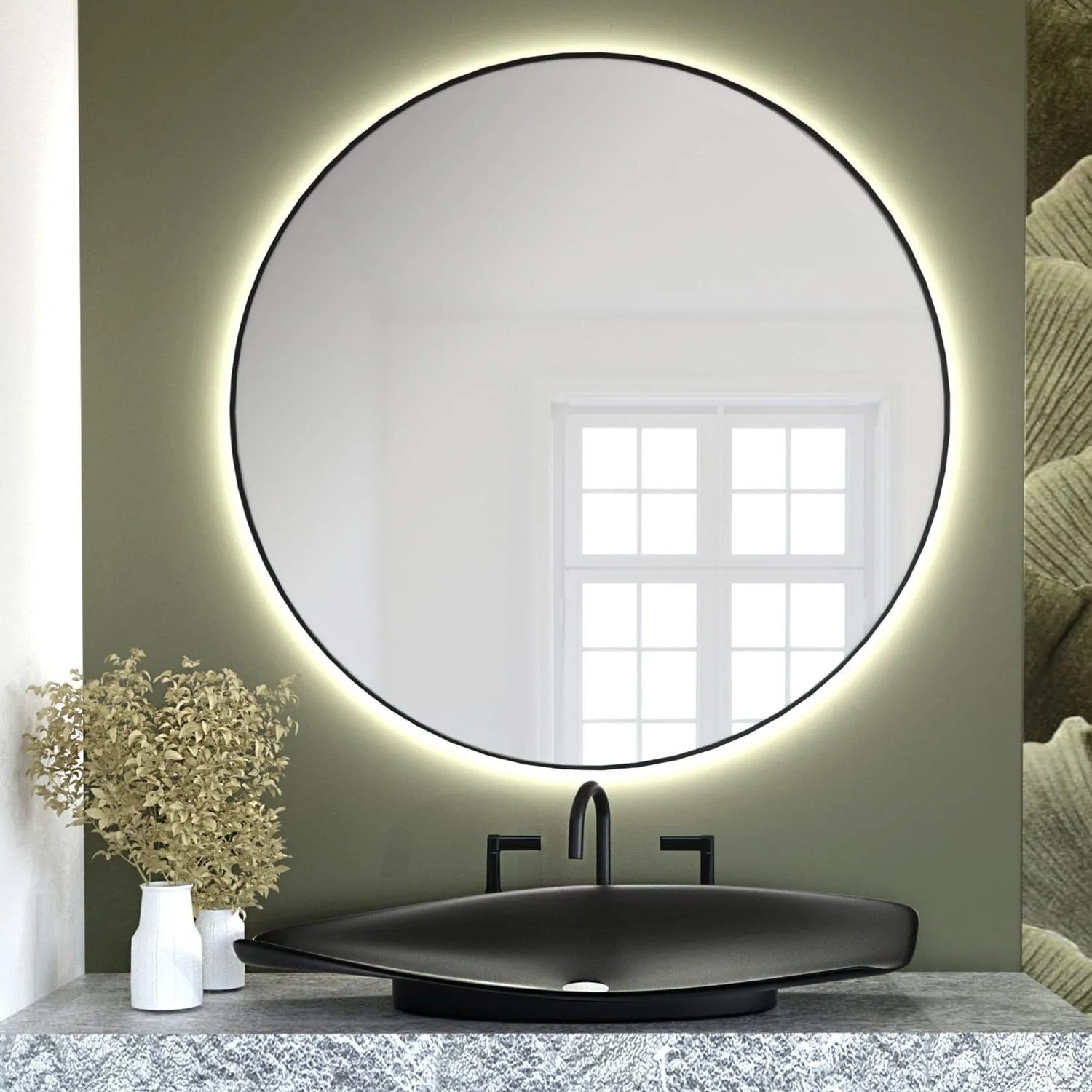 Lustro LED Bright Round Czarne Ciepłe 100x100 cm