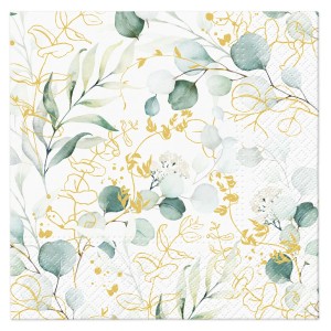 Serwetka t.b.t. ze wzorem eukaliptusa i złota do campingu i na zewnątrz.