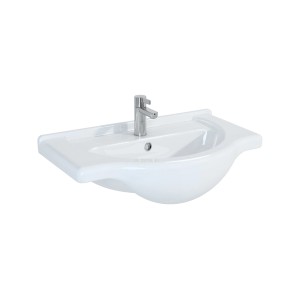 Biała umywalka nablatowa z baterią, kategoria: Umywalki blatowe.