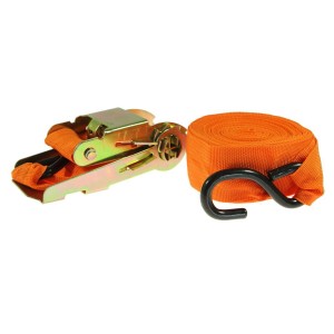 Pomarańczowy pas transportowy z grzechotką i hakiem do bezpiecznego transportu.