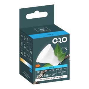 Opakowanie żarówki ORO LED GU10, 5W, 6500K, ze szczegółami produktu.
