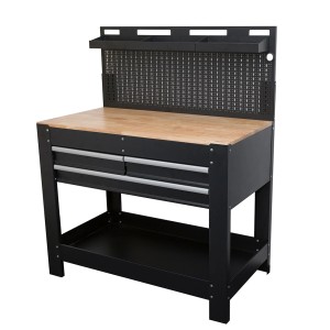 Stół warsztatowy t.b.t. z szufladami, ścianką perforowaną i półką.