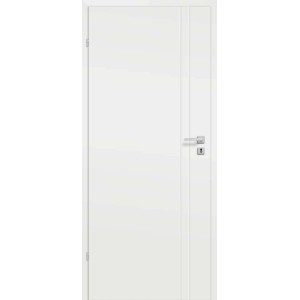 Białe drzwi wewnętrzne t.b.t. o prostym designie i srebrnej klamce.