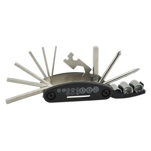 Zestaw kluczy t.b.t., narzędzie wielofunkcyjne z kluczem imbusowym, śrubokrętem i kluczem nasadowym.
