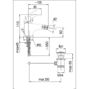 Rysunek techniczny baterii bidetowej z wymiarami.