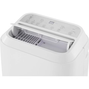 Zbliżenie białego klimatyzatora t.b.t. z panelem sterowania i wlotem powietrza.