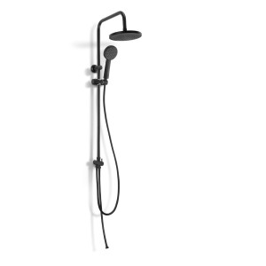 Czarna kolumna prysznicowa t.b.t. z deszczownicą i słuchawką do nowoczesnych łazienek.