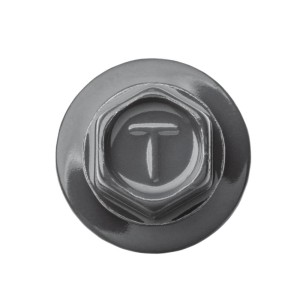 Szara śruba do blachy z łbem sześciokątnym i nadrukiem "T".