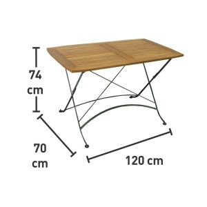 Drewniany stół ogrodowy z metalową ramą i wymiarami.