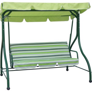 Zielona huśtawka ogrodowa z siedziskiem w paski i daszkiem przeciwsłonecznym. Relaks w ogrodzie.