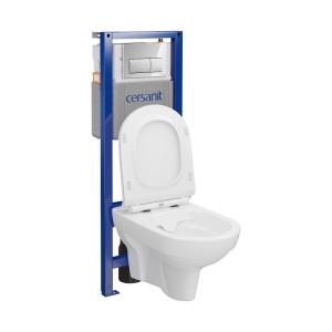 Biały zestaw WC wiszącego ze spłuczką i niebieską ramą.