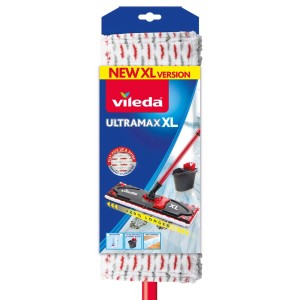 Vileda Ultramax XL mop do podłogi do czyszczenia, z czerwoną rączką i nakładką.