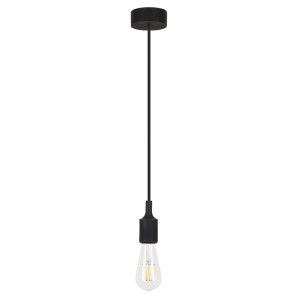 Czarna lampa wisząca t.b.t. z żarówką Edisona do wnętrz.